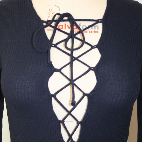 Navy Rib Bodysuit with Laced Front Bodice - Picture 7 of 8